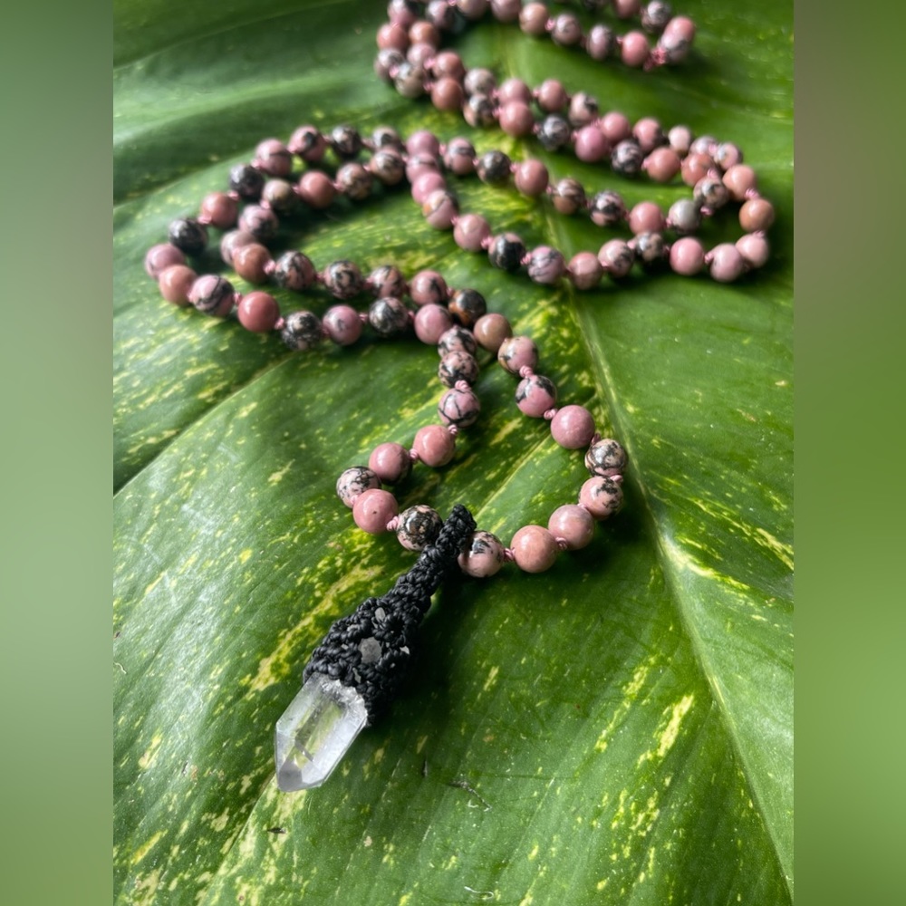 Rhodolite crystal bead Mala necklace macrame pendant